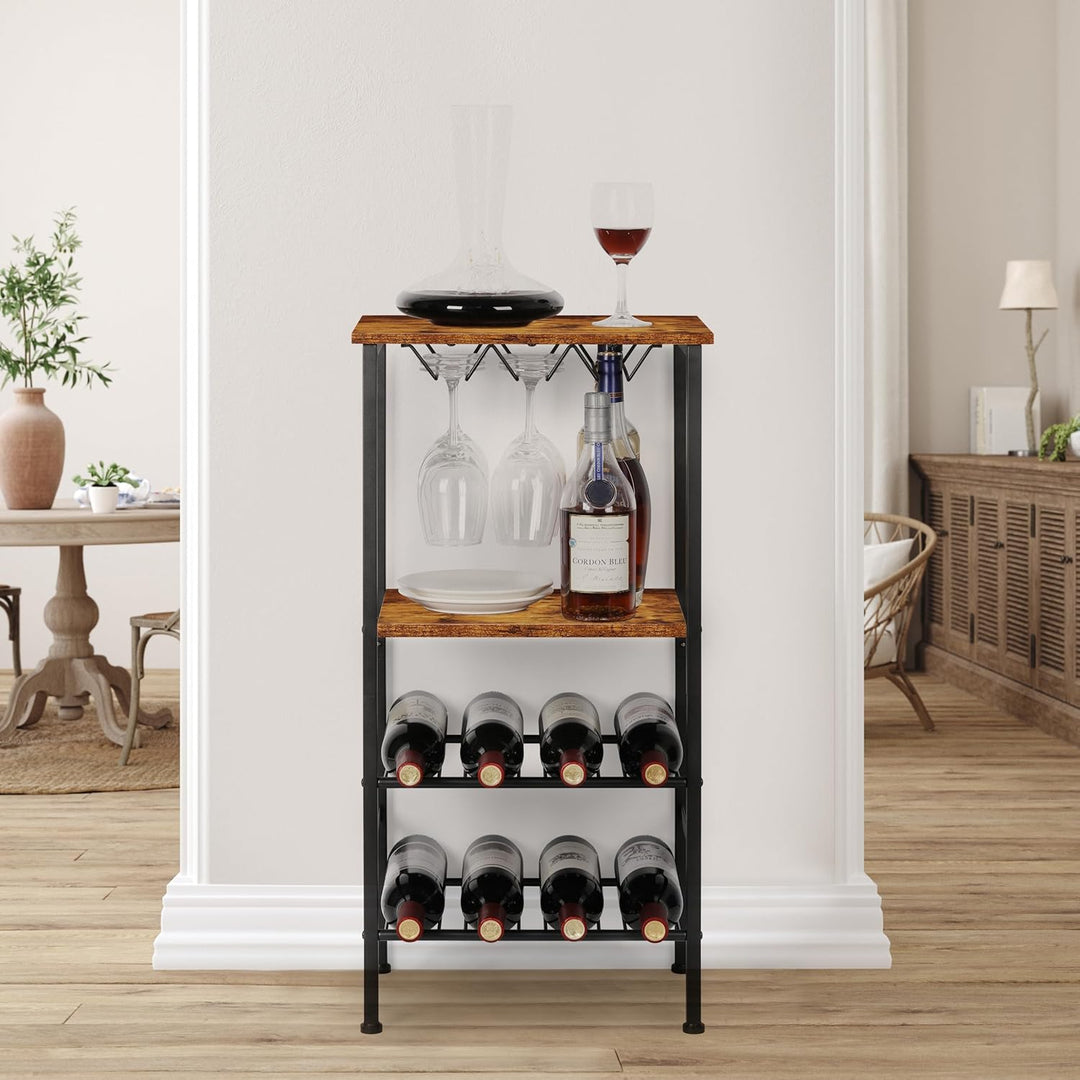 YBING Weinregal, Freistehend, Boden-Weinbarregal mit Glashalter und Tischplatte, 8 Flaschen, Holz-We