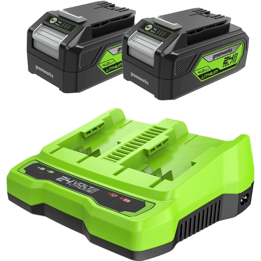 Greenworks 24V Akkus &amp; Doppellader Ladegerät - Zwei 4Ah Batterien, wiederaufladbarer Akku für alle G