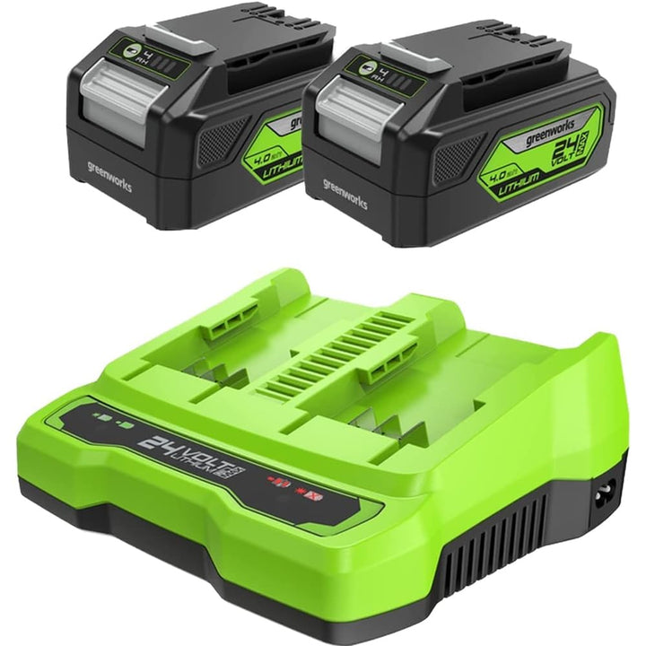 Greenworks 24V Akkus &amp; Doppellader Ladegerät - Zwei 4Ah Batterien, wiederaufladbarer Akku für alle G