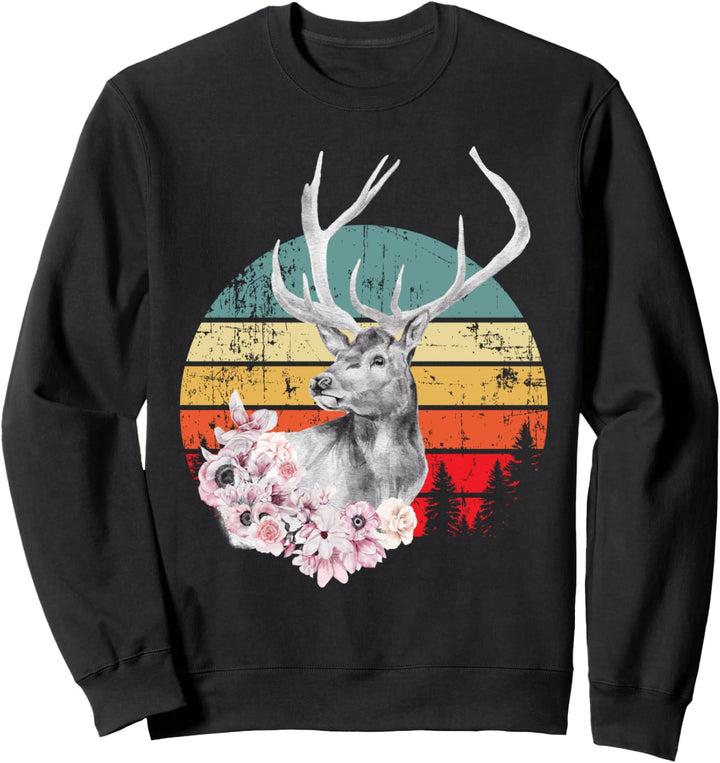 Retro Retro Sonnenuntergang Blumen der Erde Deer stag Sweatshirt