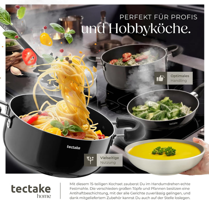tectake® Küchenstarterset 6 Personen, Steingut Geschirr Set, Teller, 4 Töpfe 2 Pfannen rostfreies Al