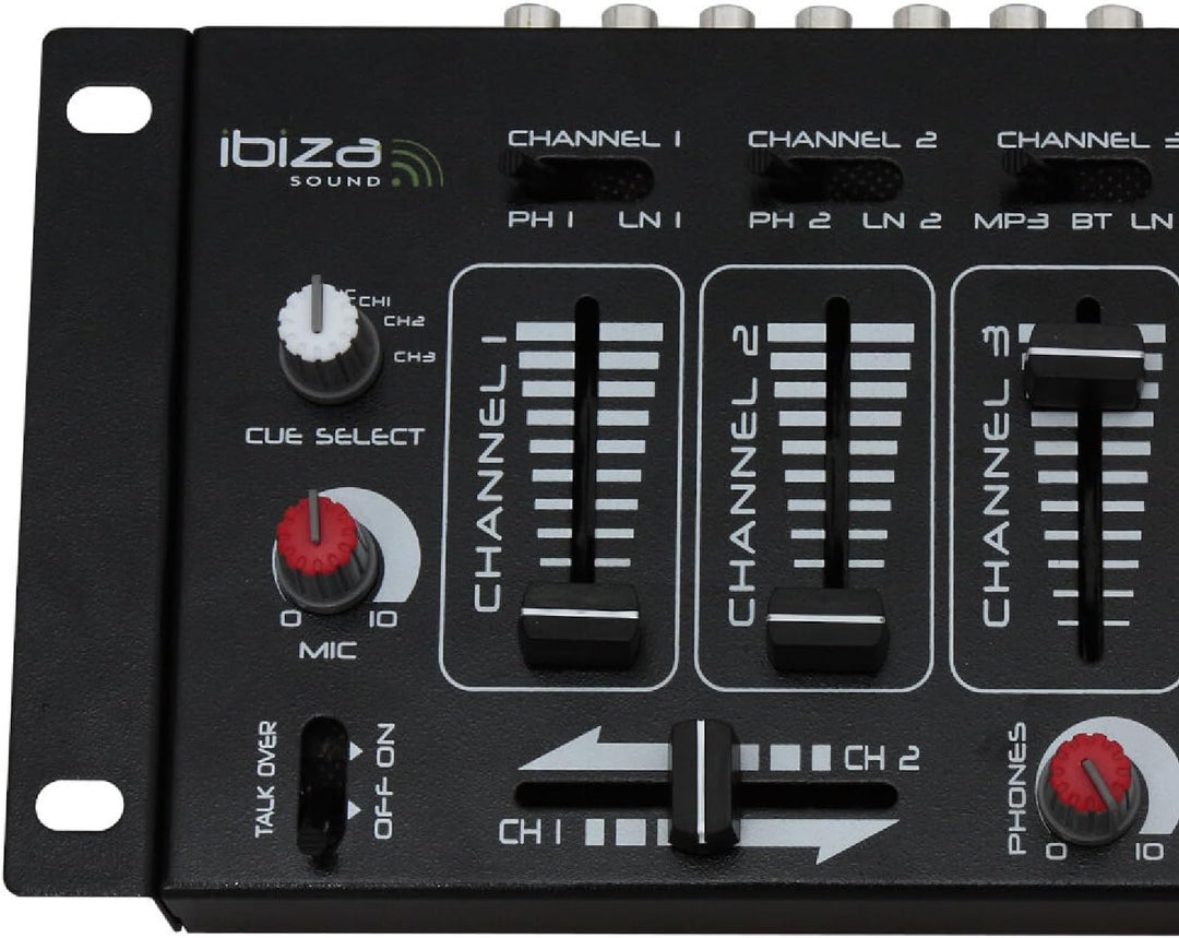 Ibiza - DJ21USB-BT - 4-Wege/7-Kanal-Mixer mit verschiedenen Eingängen - Bluetooth und USB - Schwarz