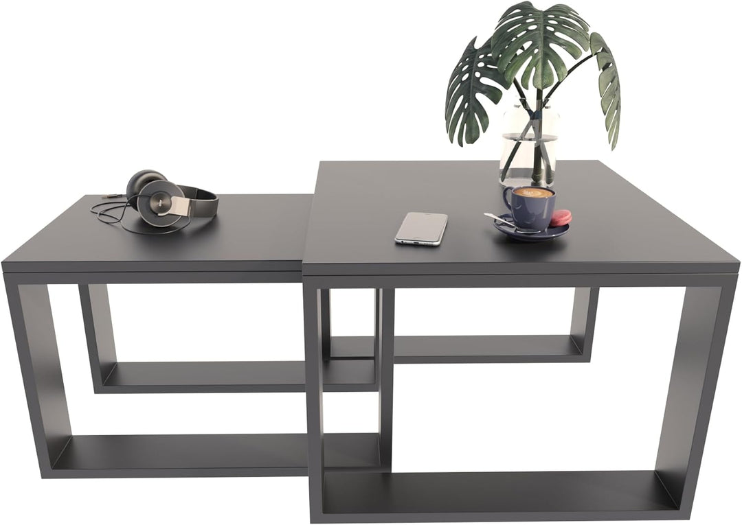 MATKAM Satztisch 2er Set, Couchtisch im Industrie-Stil, hoher Beistelltisch B60 x T60 x H43,3 cm, ni