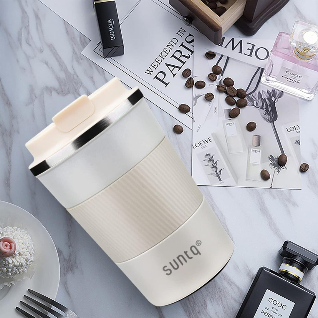 SUNTQ Kaffeebecher to go Thermo aus Edelstahl 380ml Thermobecher mit Gummierte Manschette Doppelwand