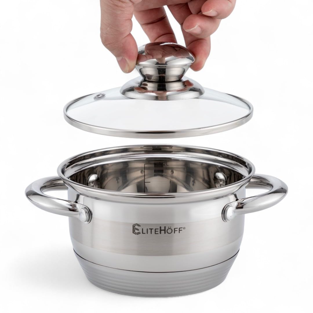 EliteHoff Kochtopf, 7-Lagen Edelstahl Topf Induktion Kochtöpfe Nudeltopf Suppentopf mit Glasdeckel f