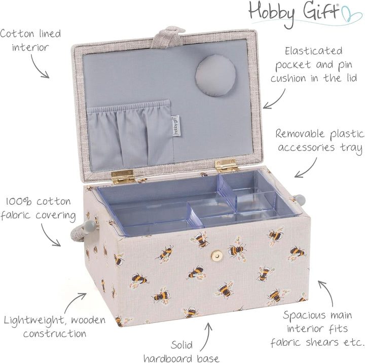 Hobby Gift MRME 87.1 Nähkästchen, Holz/Stoff, Gestickte Biene, 26 x 19 x 14.5cm, Gestickte Biene