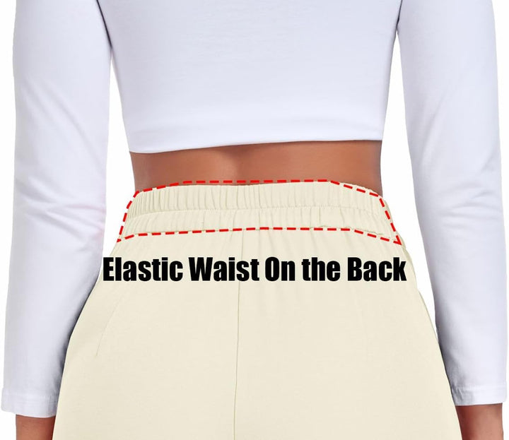 PrinStory Damen Hose Mit Weitem Bein Leichte Elastische Taille Sommer Hose Mit Taschen Kausale Büro