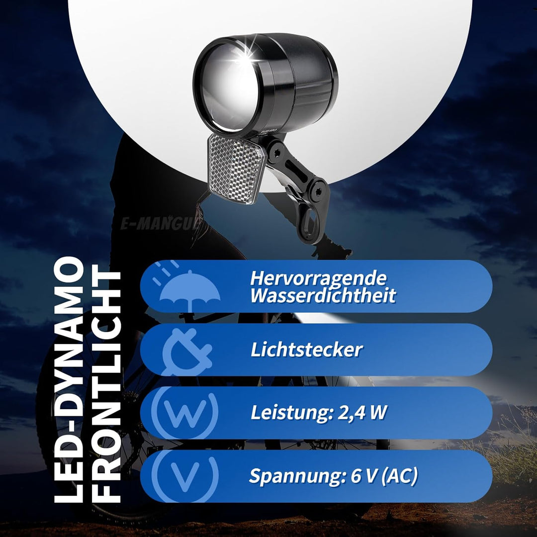 E-Bike Dynamo LED Fahrradlicht Vorne, 30-120 LUX StVZO Zulassung Frontlicht, Fahrradlicht mit Reflek