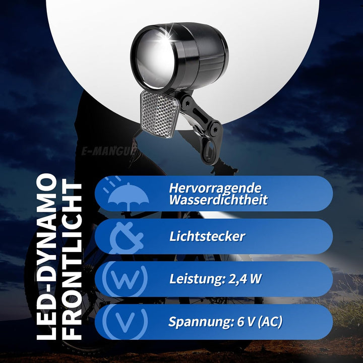 E-Bike Dynamo LED Fahrradlicht Vorne, 30-120 LUX StVZO Zulassung Frontlicht, Fahrradlicht mit Reflek