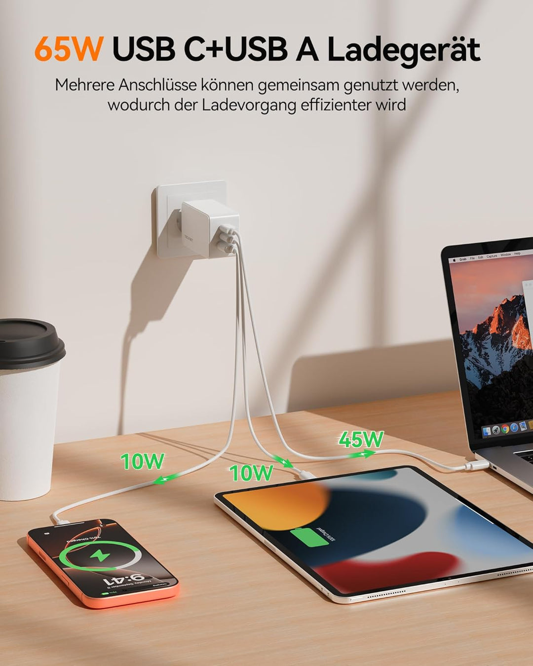 TECKNET 65W USB C Ladegerät, 3-Port PD3.0/QC4.0 Type C Netzteil mit GaN Tech Schnellladegerät Charge