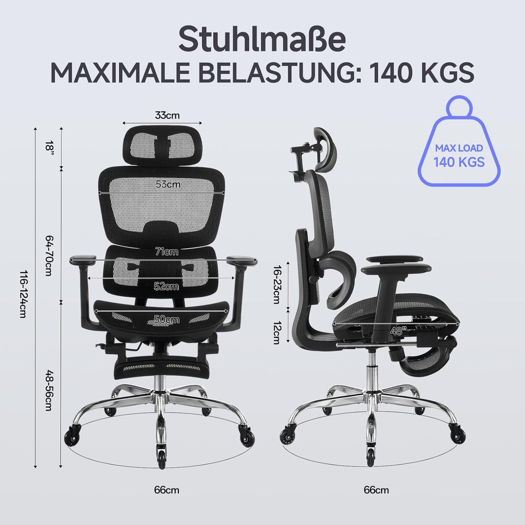 Ergonomischer Bürostuhl mit Fussstütze &amp; Nackenkissen, 5-Fach Höhenverstellbare Rückenlehne, 2D Lord