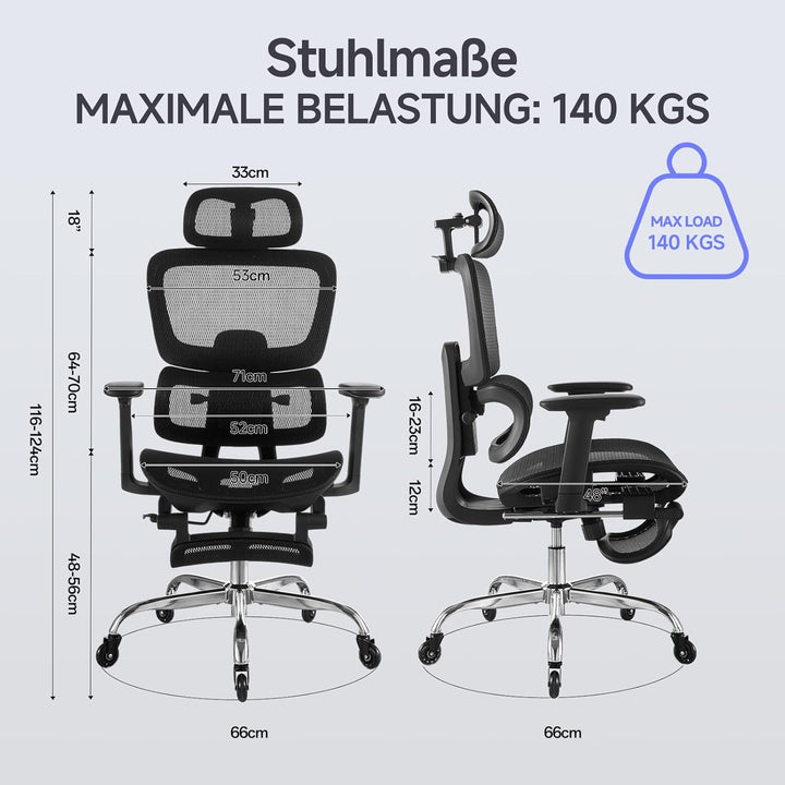 Ergonomischer Bürostuhl mit Fussstütze &amp; Nackenkissen, 5-Fach Höhenverstellbare Rückenlehne, 2D Lord