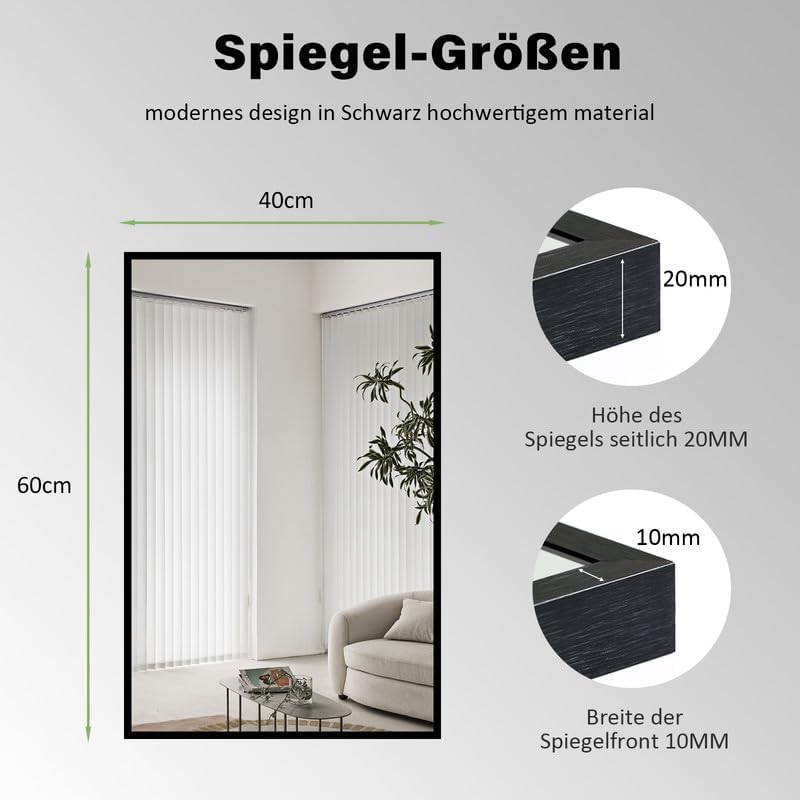 Spiegel Schwarz 40x60 cm Wandspiegel Rechteckiger Kosmetikspiegel Wandmontage Edelstahl für Badezimm