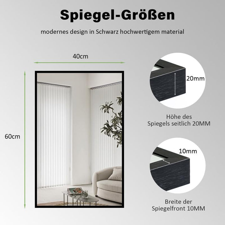 Spiegel Schwarz 40x60 cm Wandspiegel Rechteckiger Kosmetikspiegel Wandmontage Edelstahl für Badezimm