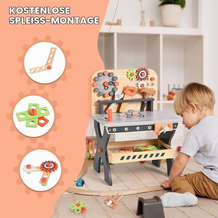 Kinderwerkbank aus Holz, Spielwerkzeuge Werkzeugbank aus Holz Multifunktions Simulationswartung Werk