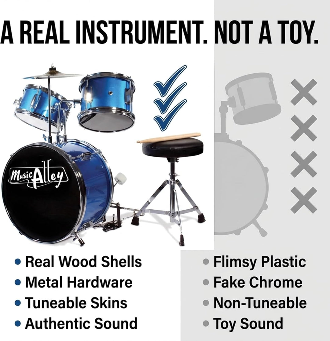 Music Alley Junior Drum Kit for Kids with Kick Drum Pedal, Drum Stool & Drum Sticks - Blue Blue Sing