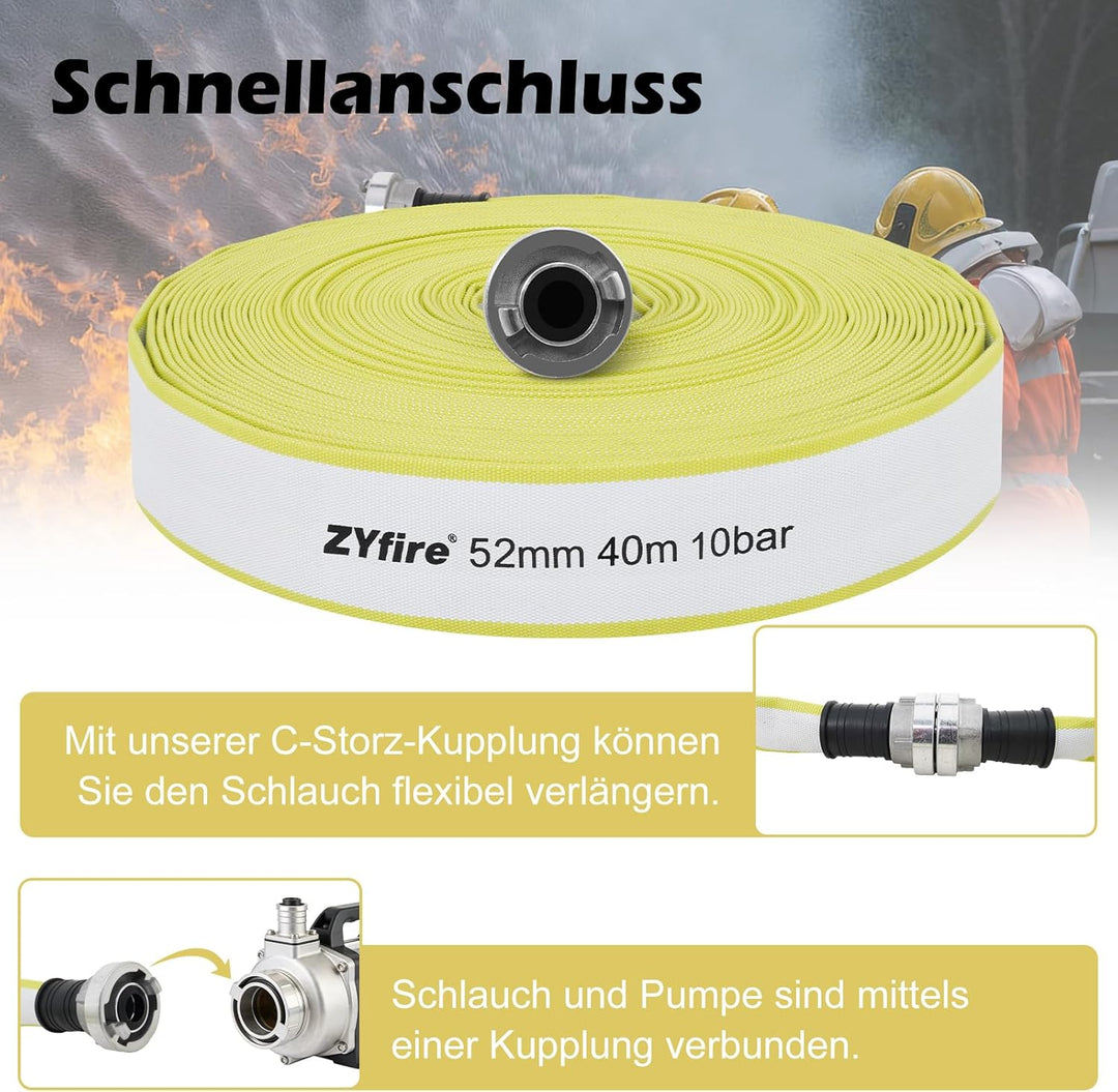 ZYfire Feuerwehrschlauch 52mm x 40m | 2 Zoll Feuerschlauch mit C-Storz Kupplung | flexibler Wassersc