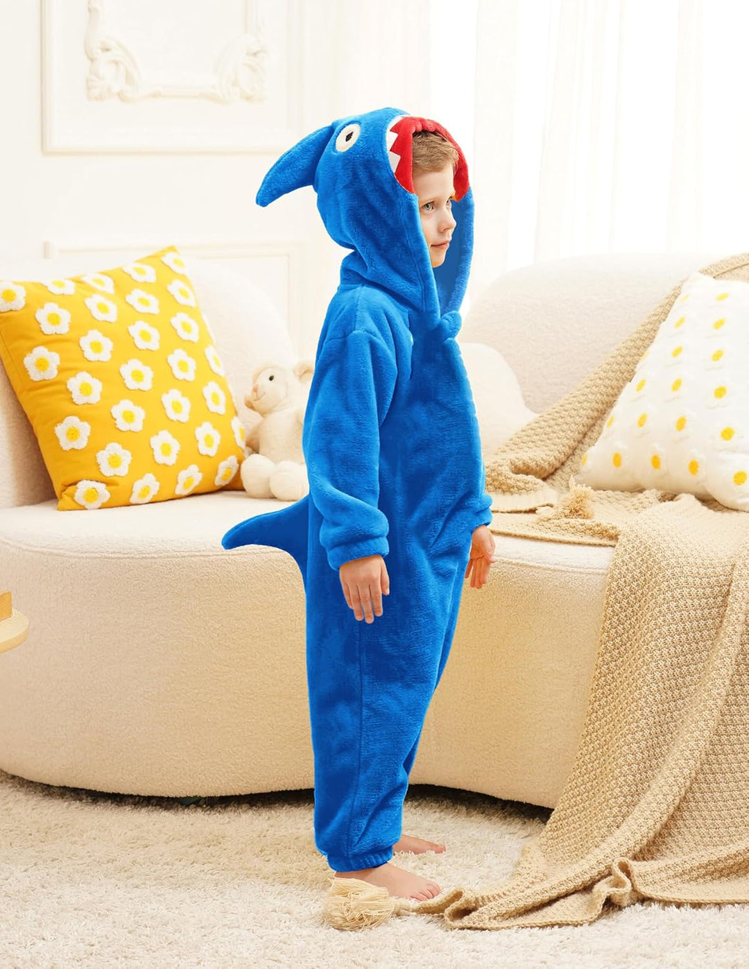 LOLANTA Kinder Hai Kostüm, Jungen Tier Flanell Strampler Overall mit Kapuze 4-6 Jahre Blau, 4-6 Jahr