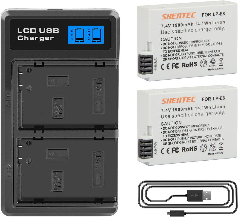 2X Shentec Li-ion 7.4V 1900mAh LP-E8 Akku für Canon EOS Batterie Rebel T2i T3i T4i T5i EOS 550D 600D