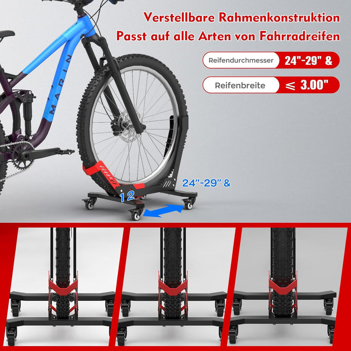 Tragbarer Fahrradständer Boden mit Rädern, Geeignet für 24"–29" Fahrräder, Reifenbreite bis zu 3,5",