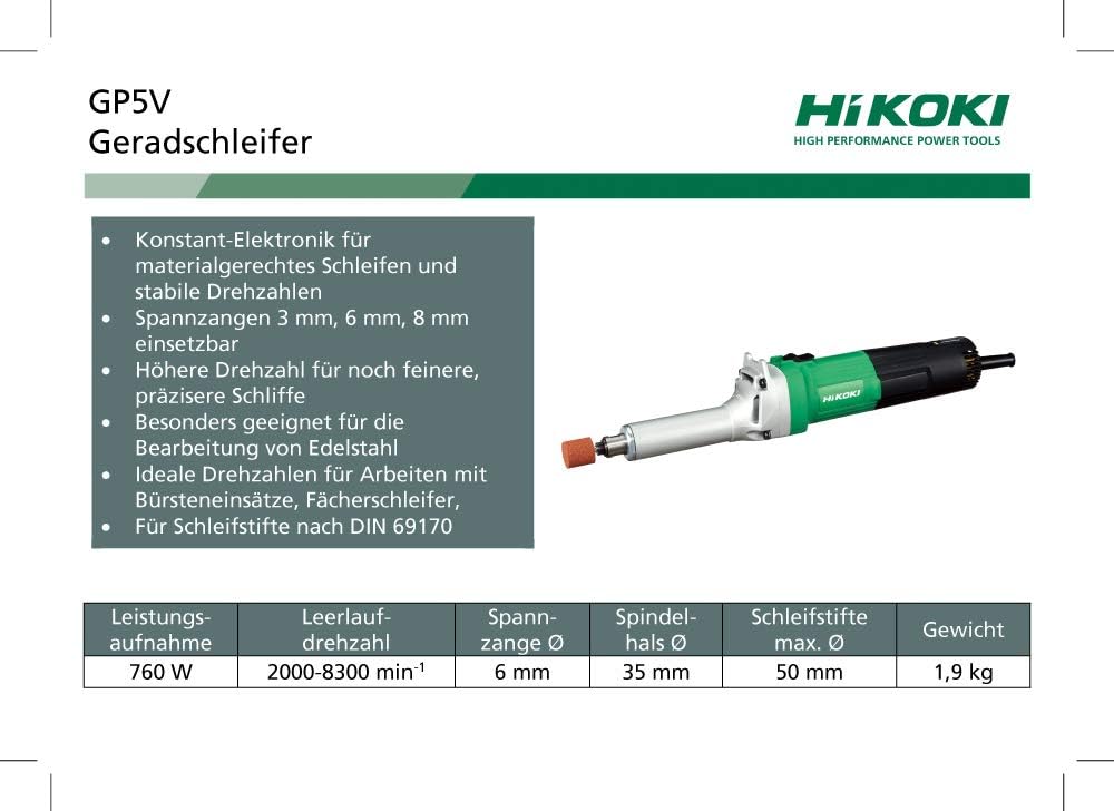 HIKOKI Gradschleifer, GP5V (im Karton) (Leerlaufdrehzahl 2.00-8.300/min-1, Spannzange 6mm) (760W) 24