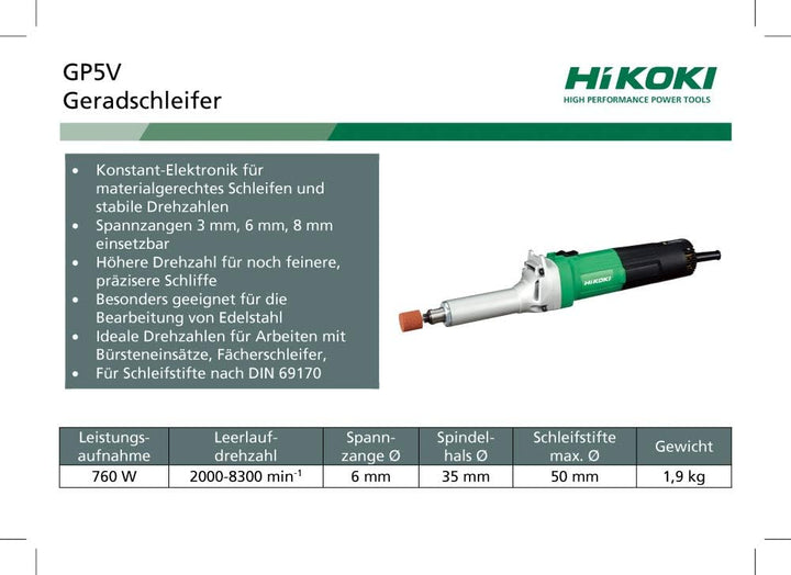 HIKOKI Gradschleifer, GP5V (im Karton) (Leerlaufdrehzahl 2.00-8.300/min-1, Spannzange 6mm) (760W) 24