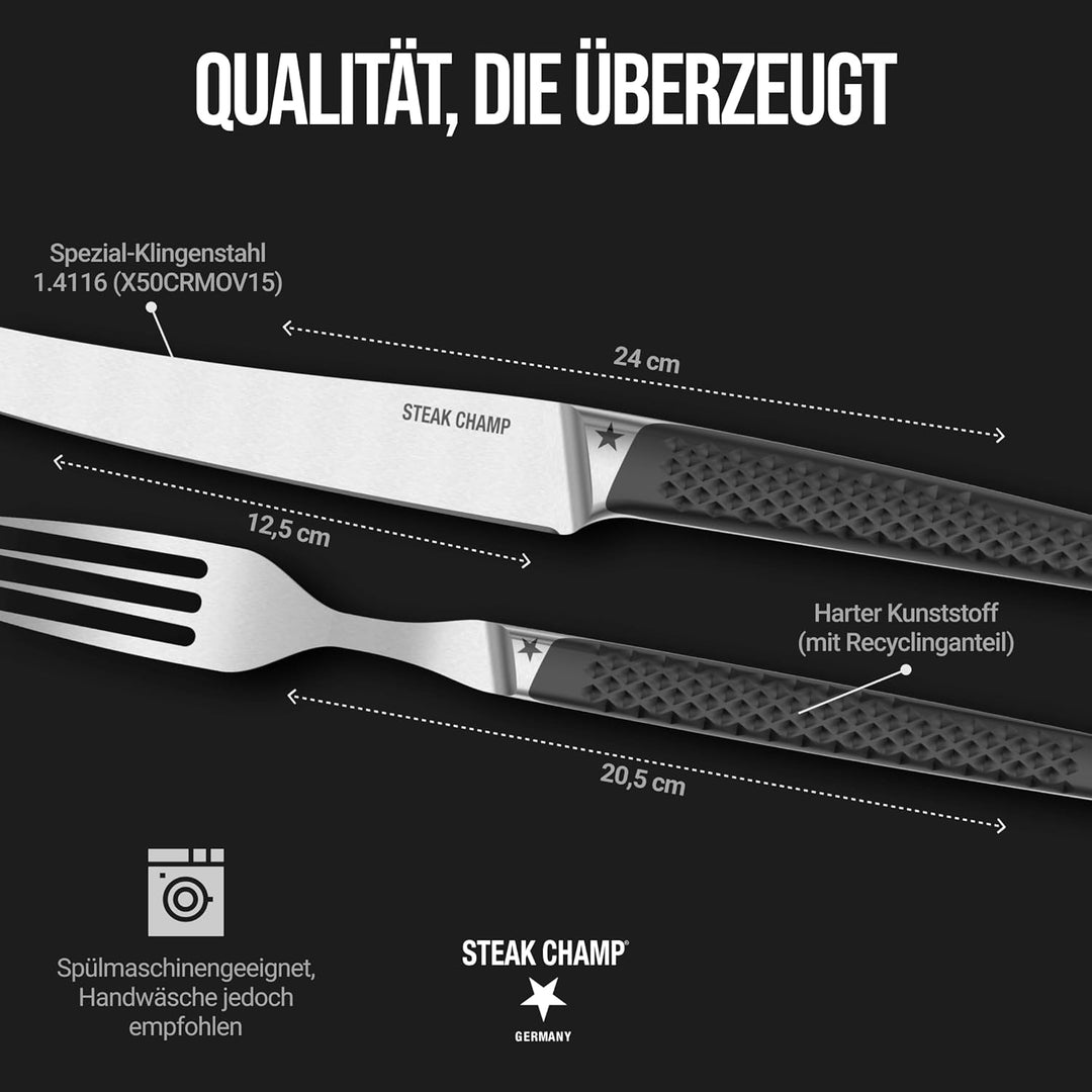 Steak Champ Steakbesteck Prime Rib: 2 Steakmesser & 2 Steakgabeln aus Klingenstahl, Rutschfeste Grif