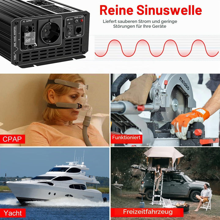 Xijia 3000W Wechselrichter 12V 230V Reiner Sinus Spannungswandler (6000W Spitzenleistung), LCD-Displ