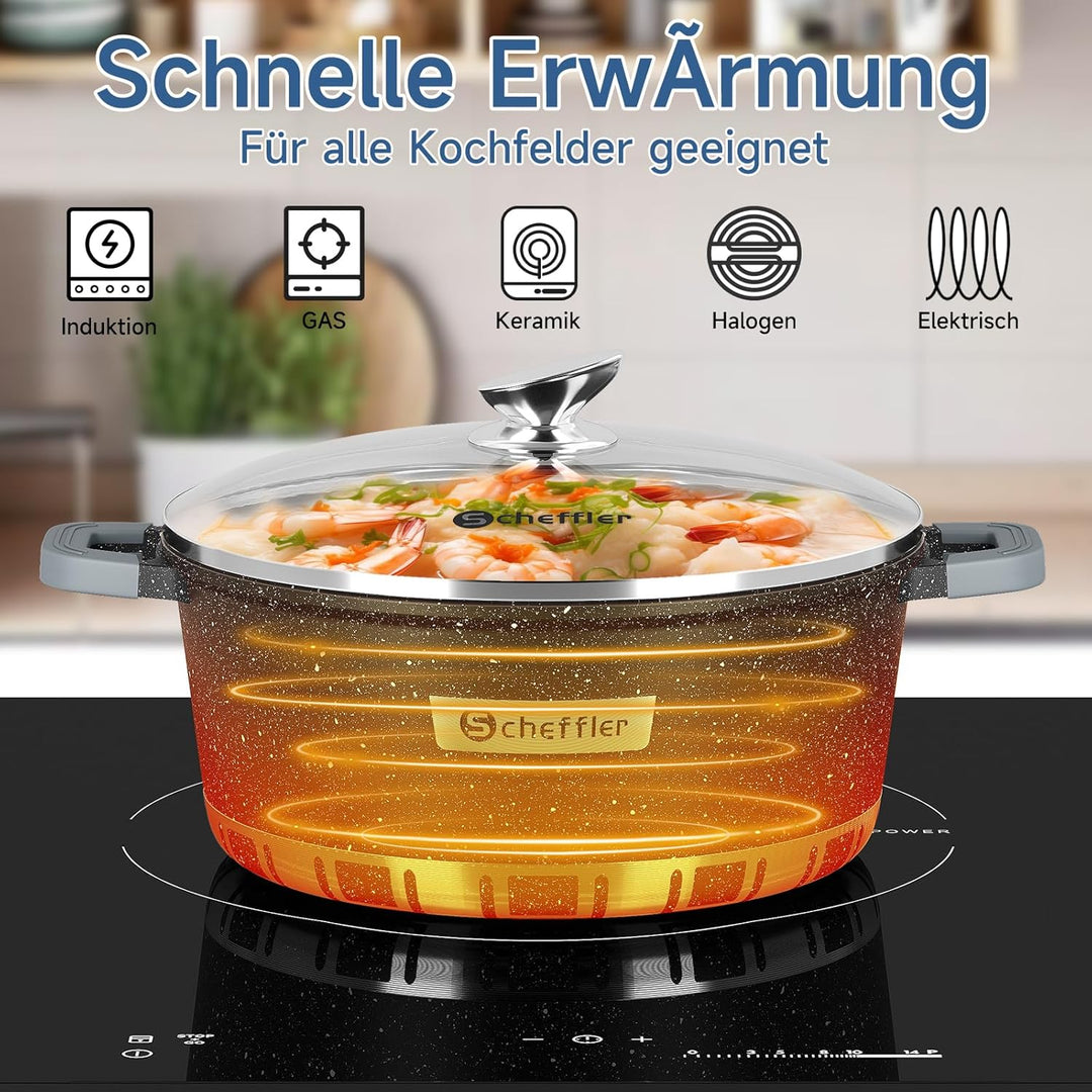 Topfset Scheffler Kochtopf Set Induktion 6-teilig,32/36/40cm Töpfe Set mit Glasdeckel,Antihaftbeschi