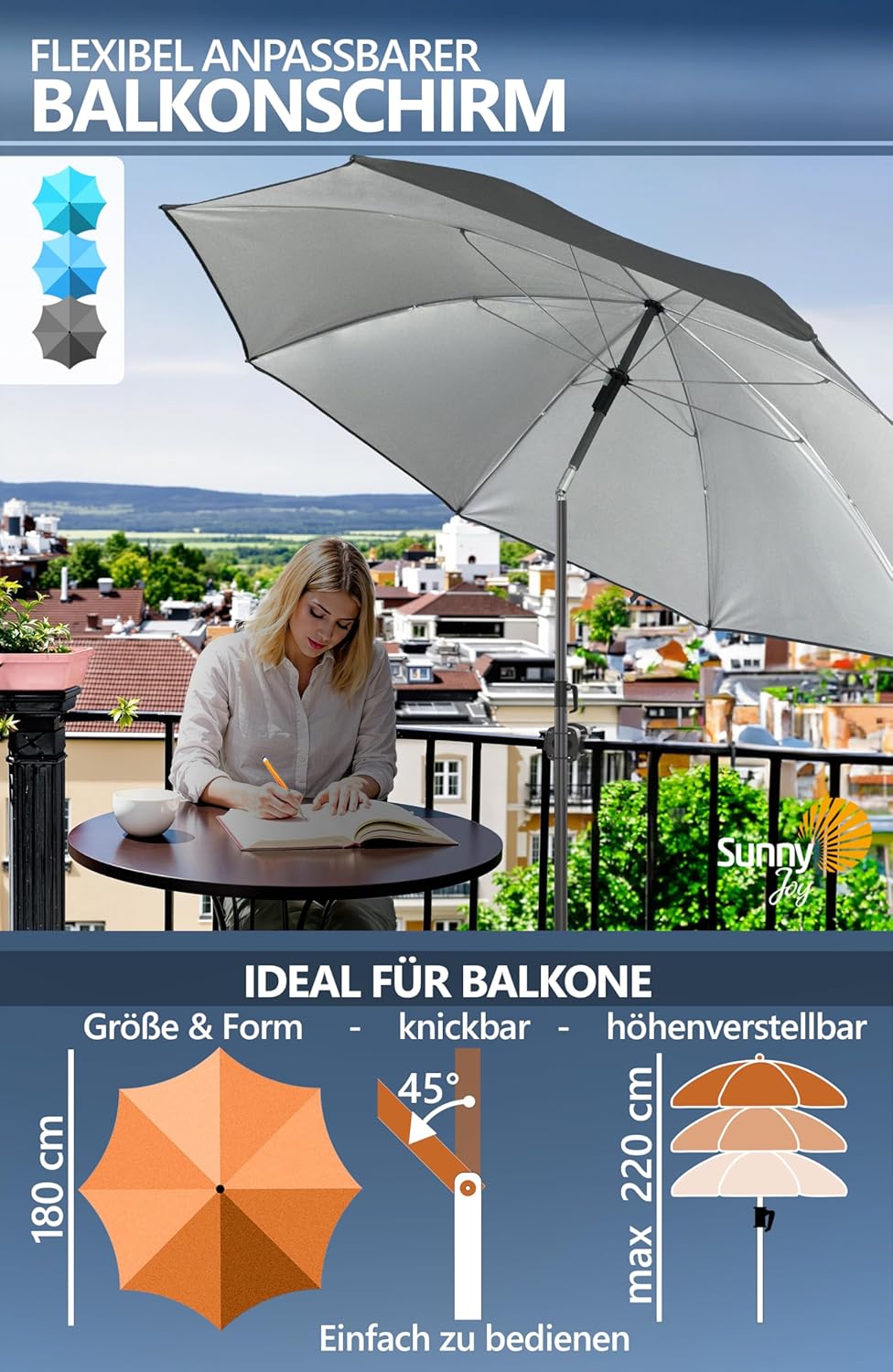 4smile Sonnenschirm Balkon SunnyJoy, 3-in-1 SET, Anthrazit - UPF 50+ Sonnenschirm Ø 180 cm + Sonnens