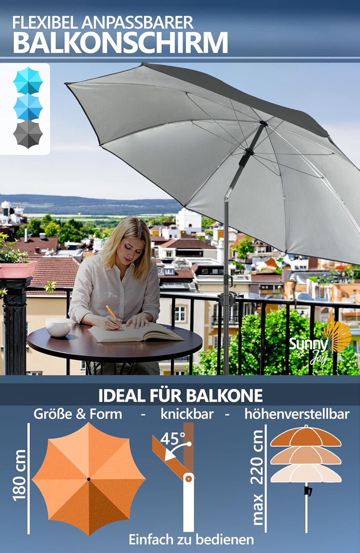 4smile Sonnenschirm Balkon SunnyJoy, 3-in-1 SET, Anthrazit - UPF 50+ Sonnenschirm Ø 180 cm + Sonnens