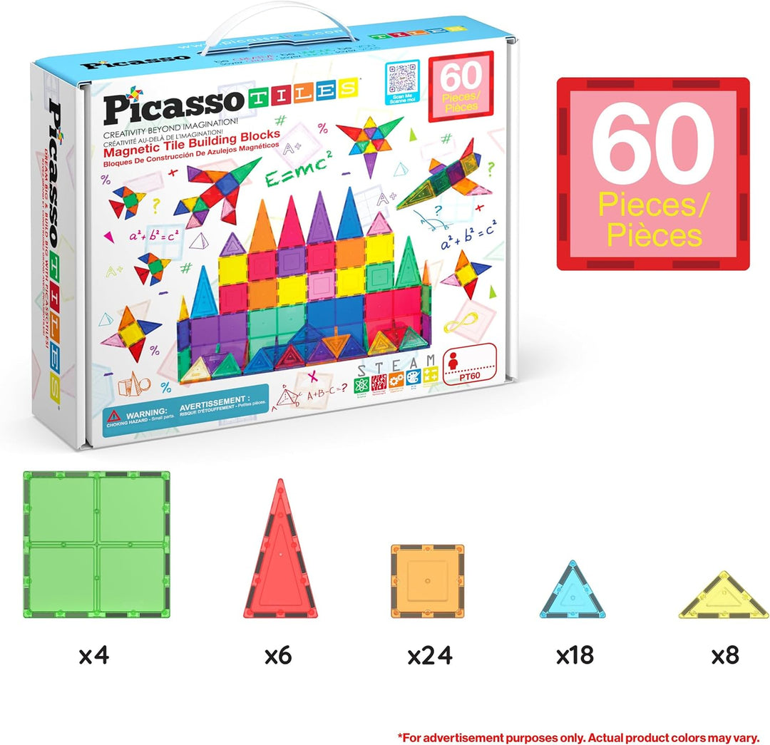 PicassoTiles Magnetic Tiles 60pcs Kids Toys Classroom Sensory Toy for Toddlers STEM Learning Buildin