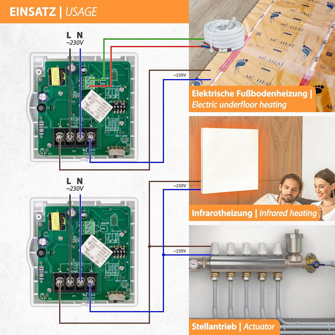 Aufputz Raumthermostat Digital 230V weiss mit internem u. externem Sensor für Wasser- u. elektrische