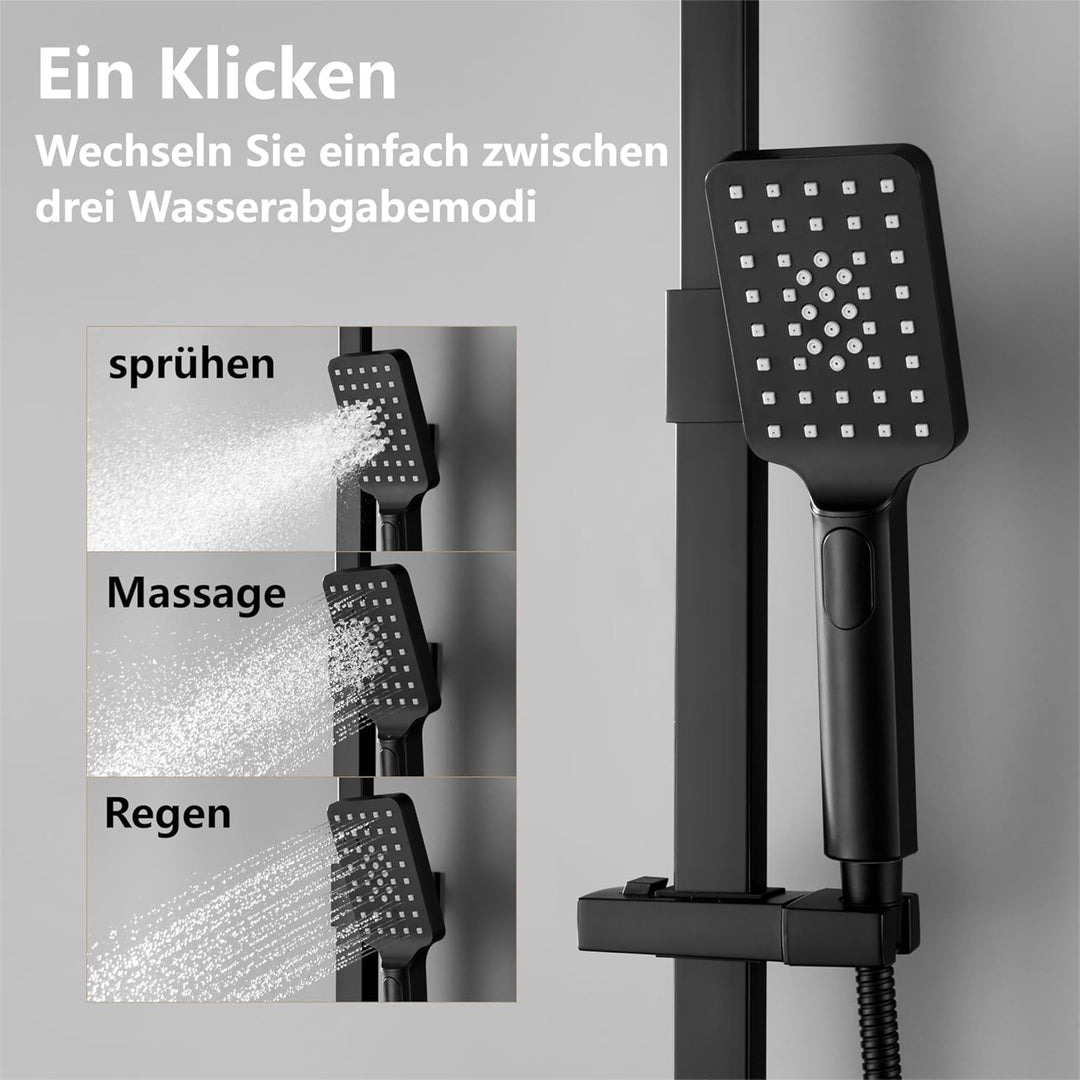 YOOZENA Duscharmatur Komplettset, Duschsystem mit Thermostat, Duscharmatur Schwarz,Kopfbrause, Dusch