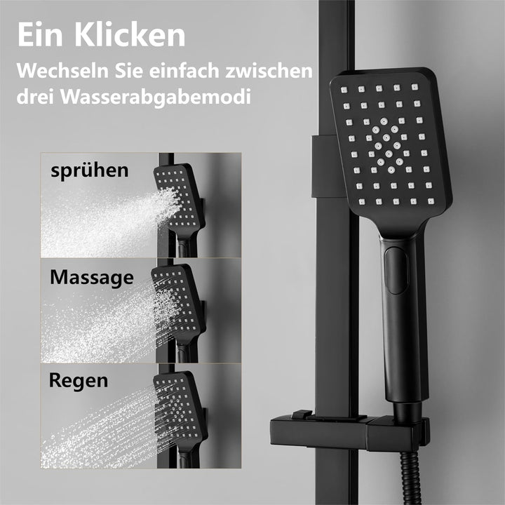 YOOZENA Duscharmatur Komplettset, Duschsystem mit Thermostat, Duscharmatur Schwarz,Kopfbrause, Dusch