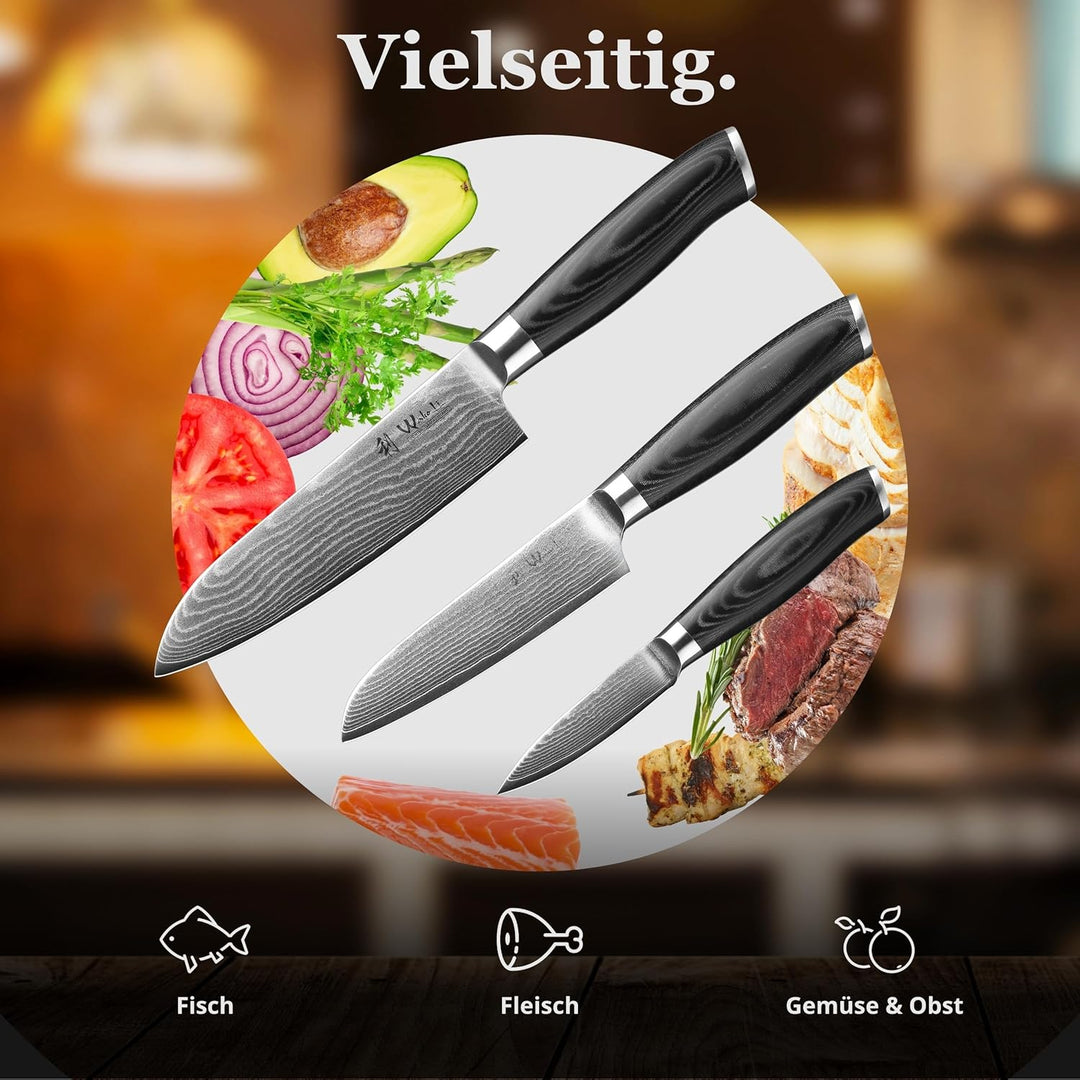 Wakoli 3er Damastmesser-Set mit Klingenlängen von 8,50 bis 17 cm extrem scharf aus 67 Lagen I Hochwe