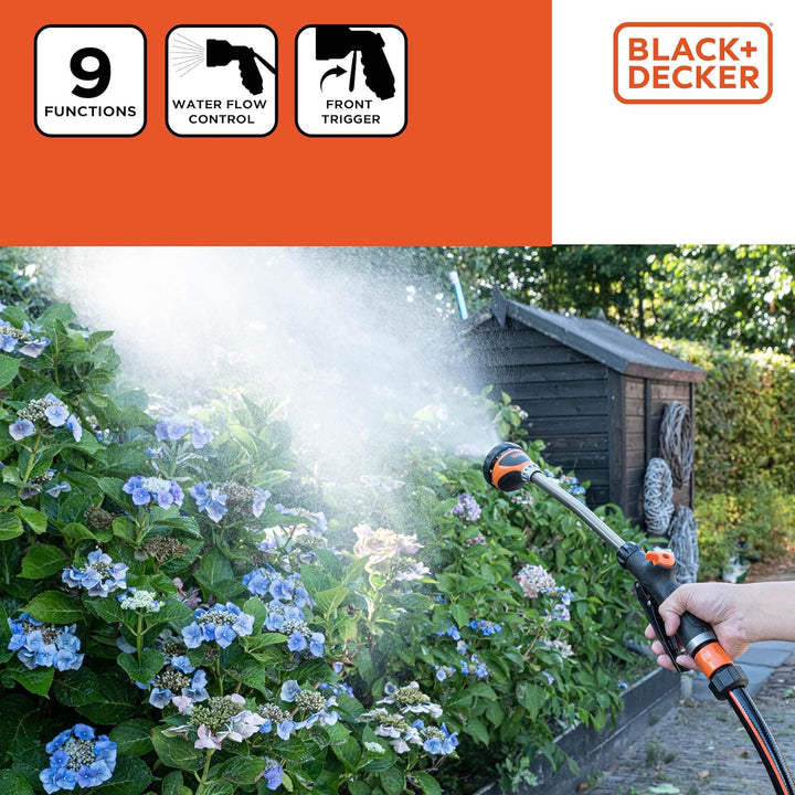 BLACK+DECKER Blumenampel - Giessstab - Pflanzensprühgerät Langer Griff - 9 Ständer - 50 cm - Schwarz