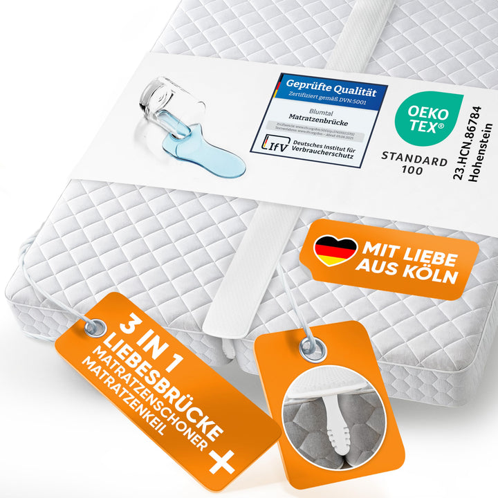 Blumtal Set Liebesbrücke für Matratzen + Matratzenkeil bis 240 cm Gesamtbreite - wasserdichter Matra