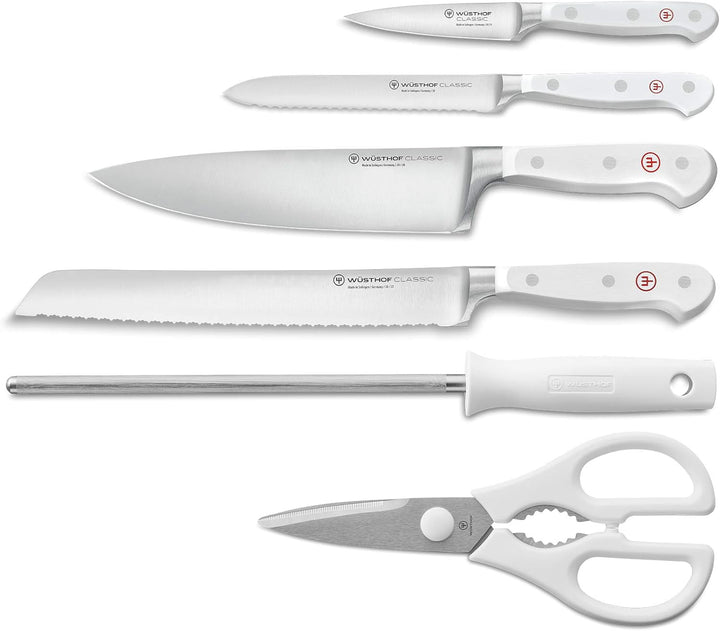 WÜSTHOF Classic White Messerblock mit 6 Artikeln 6-teilig, inkl. Brotmesser, 6-teilig, inkl. Brotmes