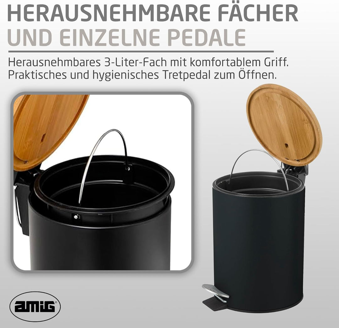 Amig – Kosmetikeimer mit Pedal 3L Naturline – Schwarz und Bambus – Hygienische Öffnung – Ø16,8 x 23