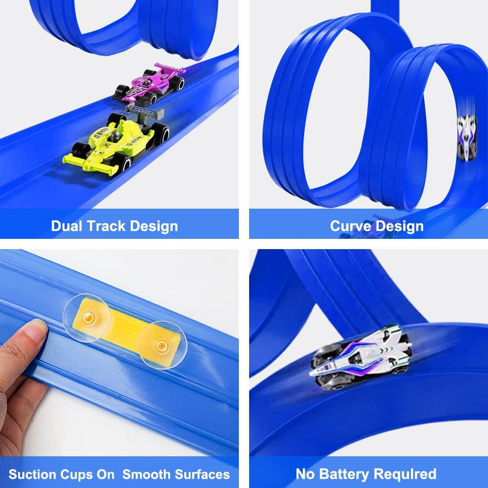 Yuraigm Autorennbahn Rennbahn, 5M Autorennbahn Flexible Rennstrecke Auto Spielzeug mit 4 Leichtmetal