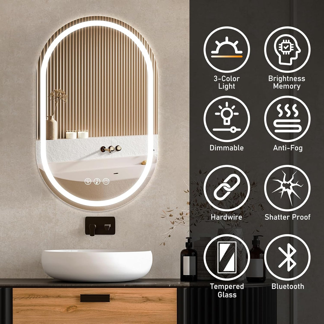 Bluetooth Ovaler Badspiegel mit Beleuchtung LED, 50x80cm Spiegel mit Light, Wandspiegel Oval mit Fro