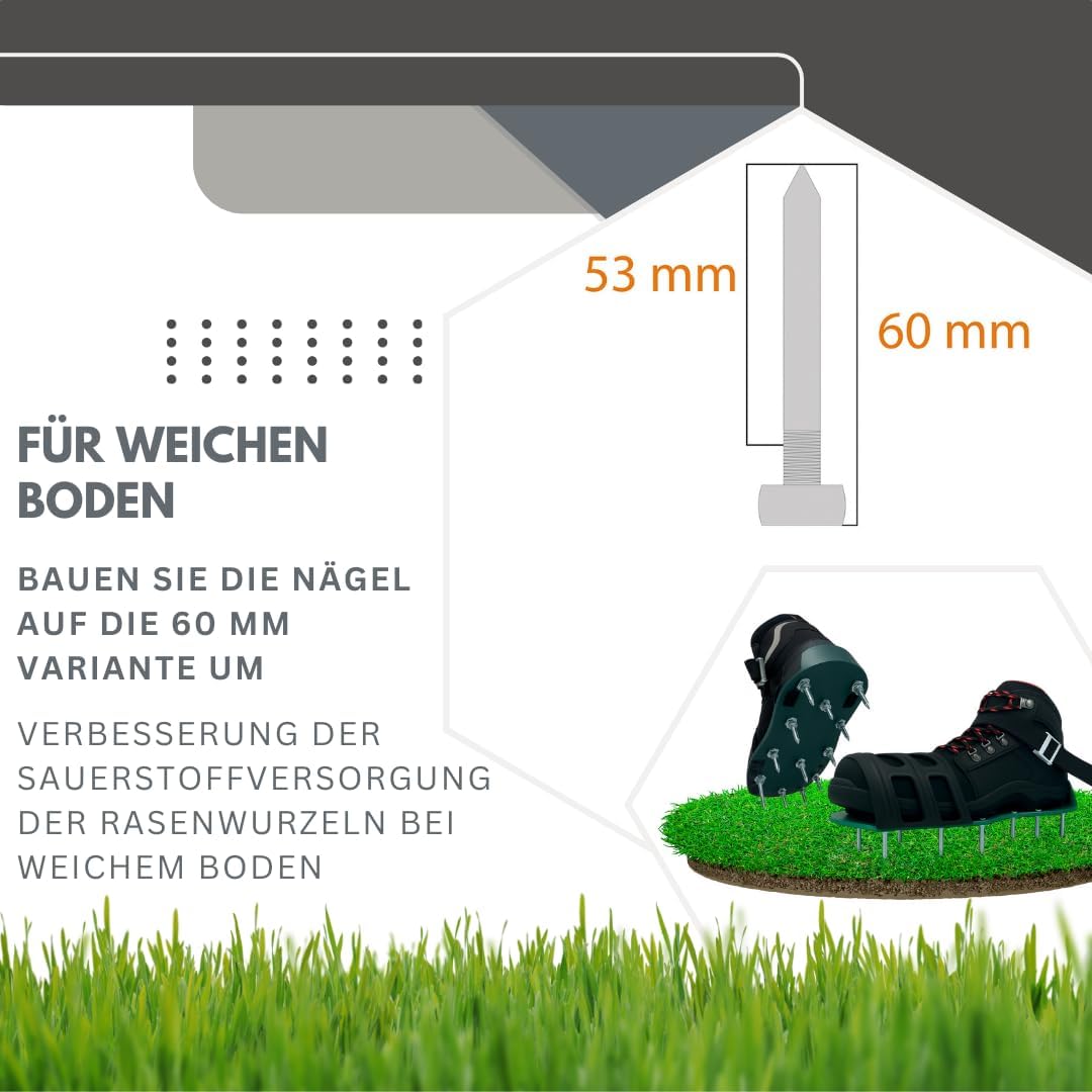 Pangolino Nagelschuhe fertig montiert – 42 mm Nägel + 60 mm Nägel - Verwendbar als Rasenbelüfter ode