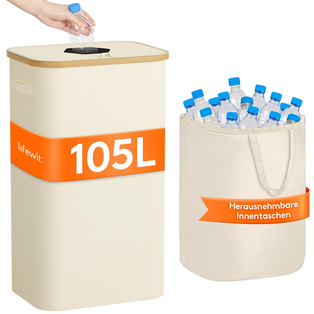 Lifewit Pfandflaschen Sammelbehälter mit Deckel, 105L Bambus Gross Leergut Sammelbehälte, Altglas Au