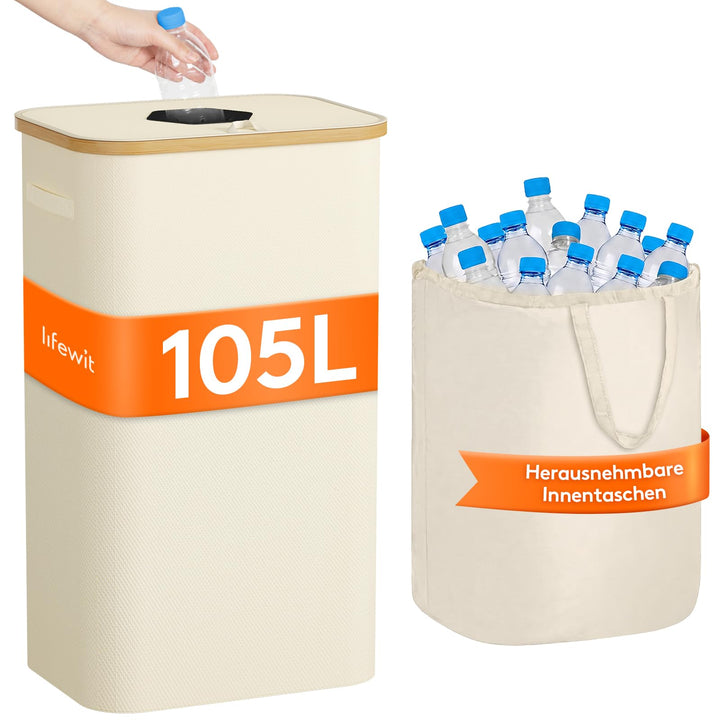Lifewit Pfandflaschen Sammelbehälter mit Deckel, 105L Bambus Gross Leergut Sammelbehälte, Altglas Au