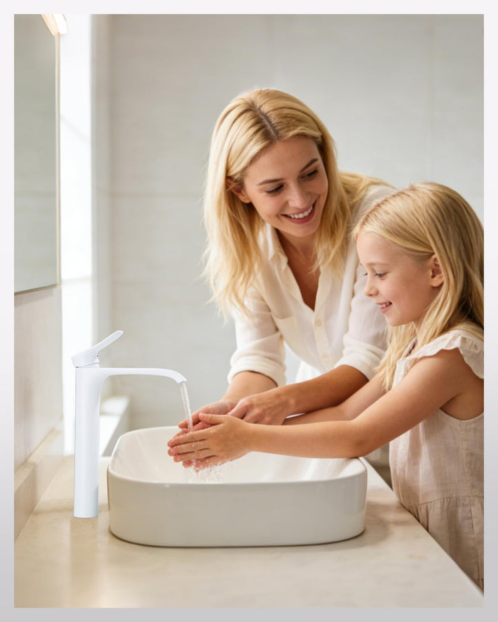 Bad Wasserhahn Weiss Wasserfall Badarmatur Hoch Waschtischarmatur Einhebel Mischbatterie aus Messing