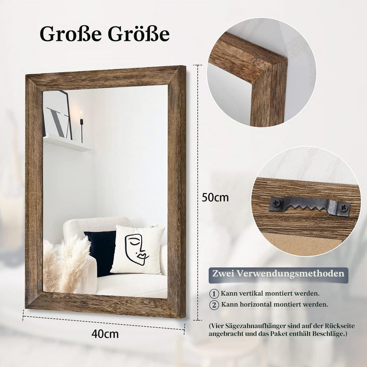 AAZZKANG Rustikaler Holzspiegel Rechteck Dekorativer grosser Wandspiegel 50x40cm mit Rahmen Schlafzi