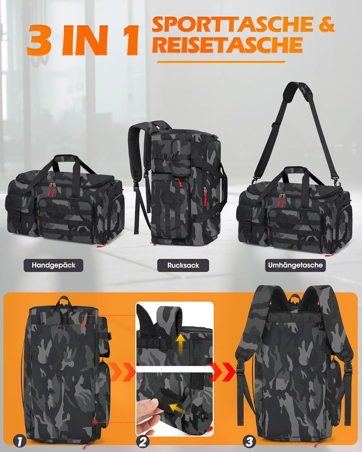 RAINSMORE 3 IN 1 Sporttasche Herren 45L Reisetasche Rucksackfunktion Handgepäck mit Schuhfach Latopf