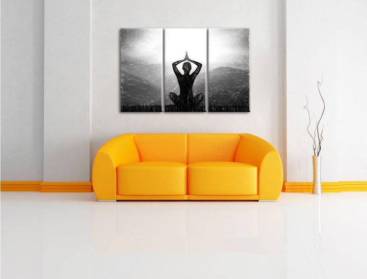 Pixxprint Meditierender Mann in den Bergen Kunst Kohle Effekt 3-Teiler Leinwandbild 120x80 Bild auf