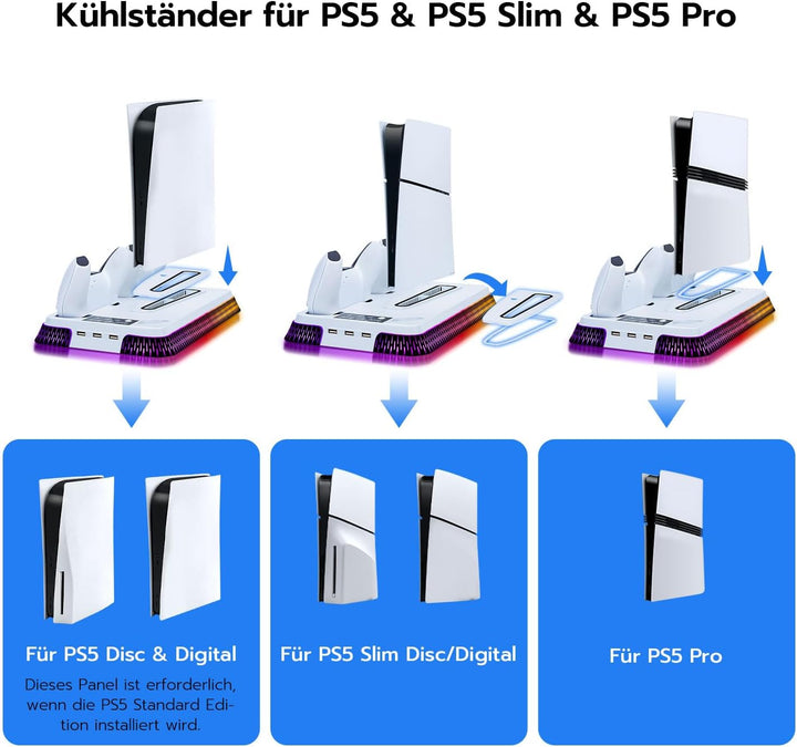 Wigearss PS5/PS5 Slim/PS5 Pro Kühler Standfuss mit Dual Controller Ladegerät, PS5 Controller Ladesta